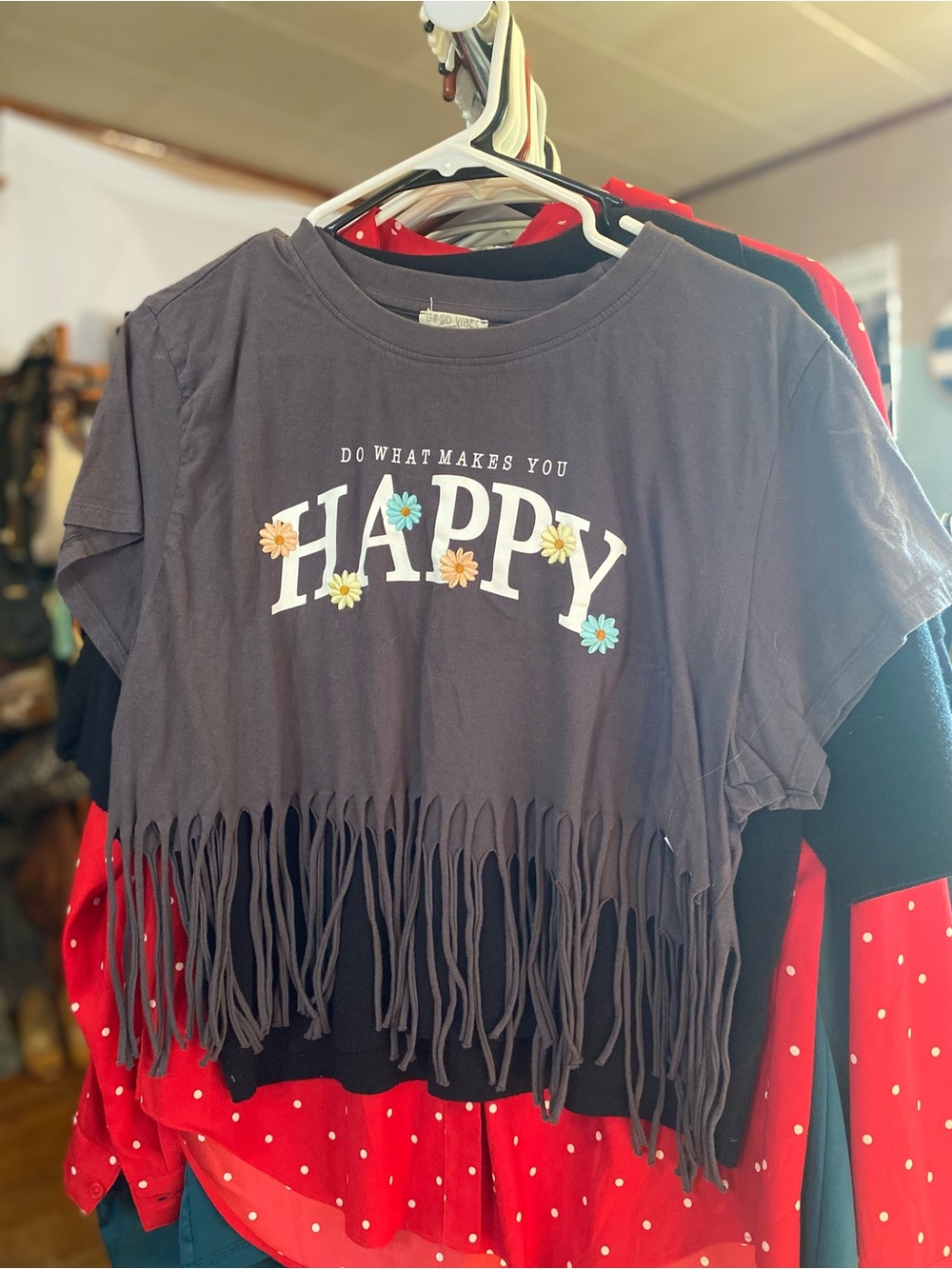 Women's Gray 'Happy' Fringe Crop Top with Daisy Graphic